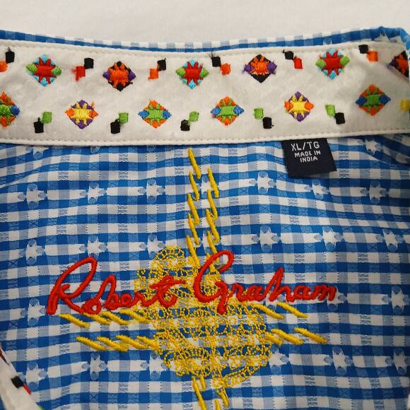 Robert Graham XL Flip Cuff Scrabble Tiles UNIQUE Blue/White Gingham Star Cotton - Picture 2 of 15